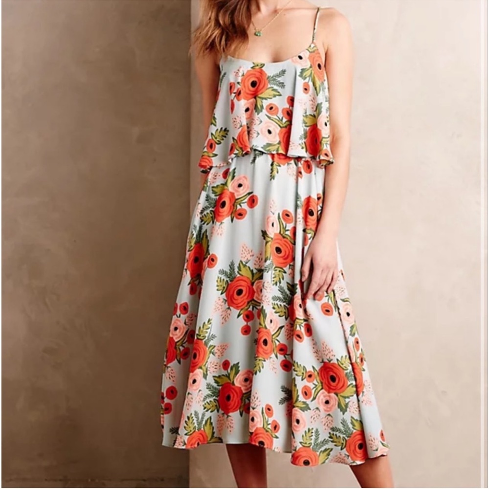 Anthropologie Paper Crown X Rifle Paper Co Poppy Field Midi Tiered Dress Rare L